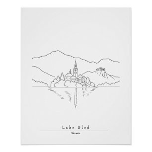 Minimal Lake Bled Line Art Print Slovenian Lake