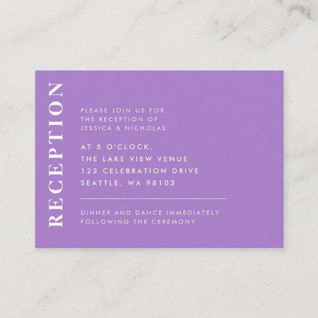 Minimal Lavender Modern Wedding Reception Enclosure Card (Front)