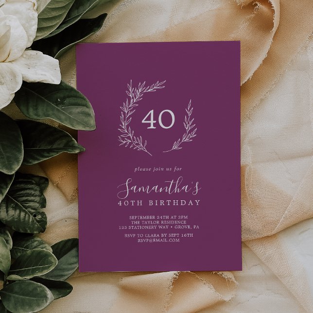 Minimal Leaf Berry Purple 40th Birthday Invitation (Creator Uploaded)