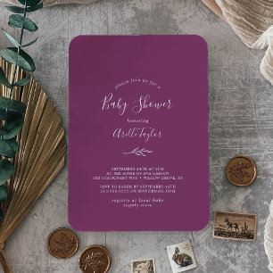 Minimal Leaf   Berry Purple Baby Shower Invitation