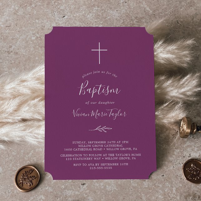 Minimal Leaf | Berry Purple Baptism Invitation (Creator Uploaded)