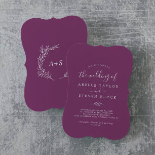 Minimal Leaf   Berry Purple Monogram Back Wedding Invitation
