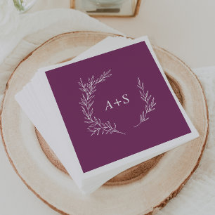 Minimal Leaf Berry Purple Monogram Wedding Napkins