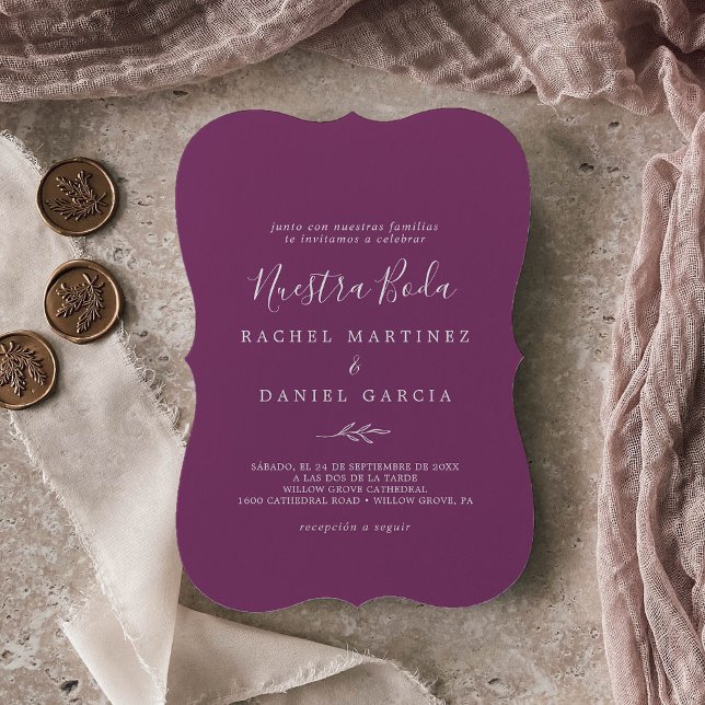 Minimal Leaf | Berry Purple Spanish Nuestra Boda Invitation (Creator Uploaded)