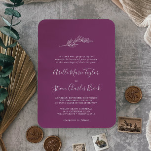 Minimal Leaf   Berry Purple Traditional Wedding Invitation