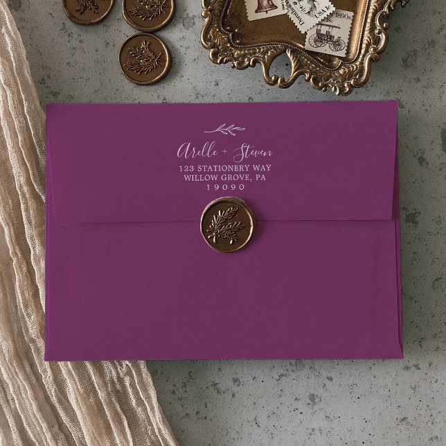 Minimal Leaf | Berry Purple Wedding Invitation Envelope (Creator Uploaded)
