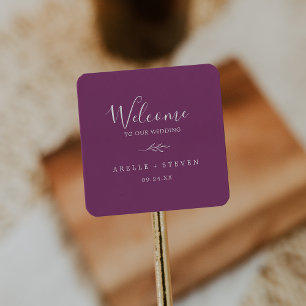 Minimal Leaf   Berry Purple Wedding Welcome Square Sticker