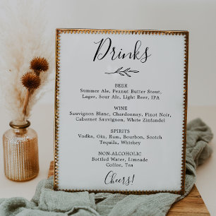 Minimal Leaf Black and White Wedding Drinks Menu Poster