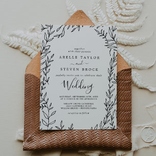 Minimal Leaf Black and White Wedding Invitation