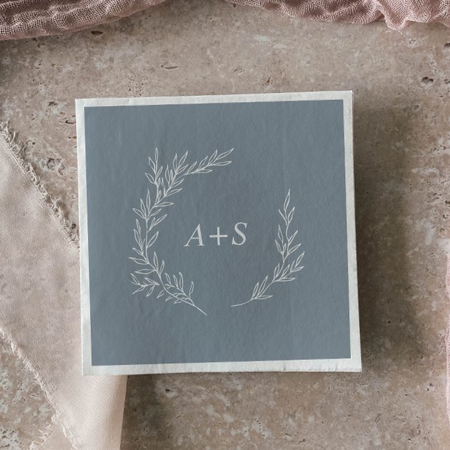 Minimal Leaf | Blue and White Monogram Wedding Napkin (Creator Uploaded)