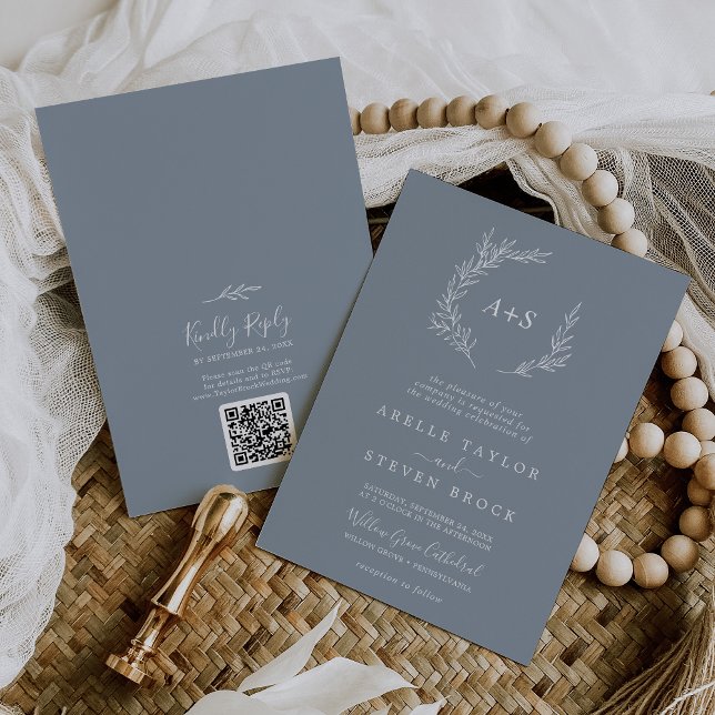 Minimal Leaf | Blue and White QR Code Wedding Invitation (Creator Uploaded)