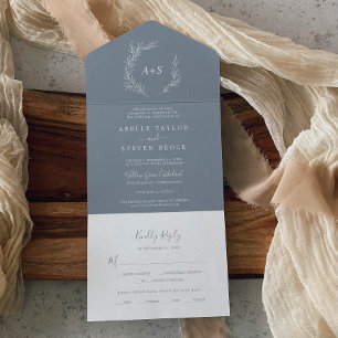 Minimal Leaf Blue and White Wedding All In One Invitation