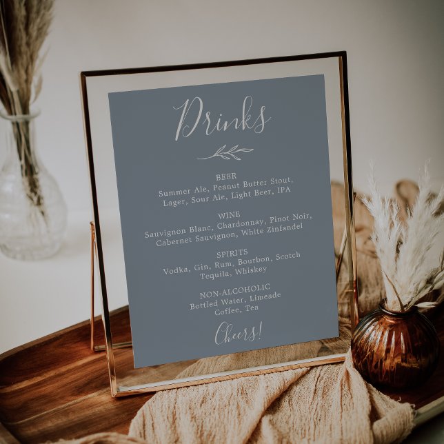 Minimal Leaf | Blue and White Wedding Drinks Menu Poster (Creator Uploaded)