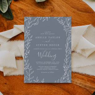 Minimal Leaf Blue and White Wedding Invitation