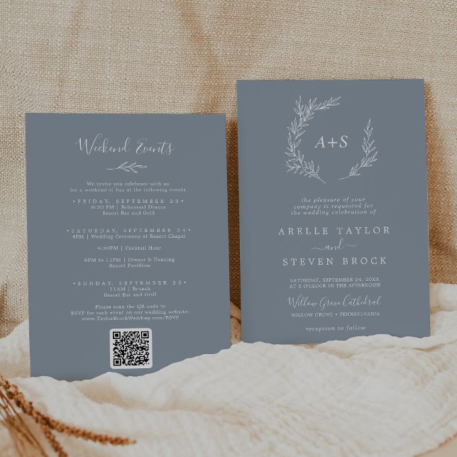 Minimal Leaf Blue and White Weekend Events Wedding Invitation (Creator Uploaded)