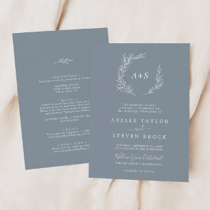 Minimal Leaf   Blue & White All In One Wedding Invitation