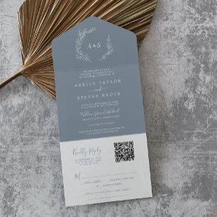 Minimal Leaf   Blue White Simple QR Code Wedding All In One Invitation