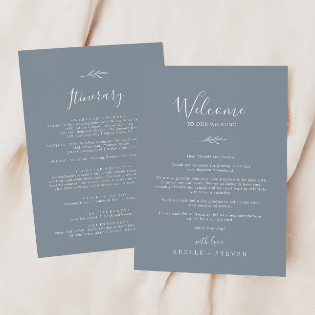 Minimal Leaf Blue White Welcome Letter & Itinerary (Creator Uploaded)