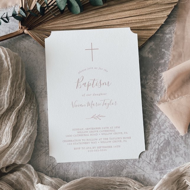 Minimal Leaf | Blush Pink Baptism Invitation (Creator Uploaded)