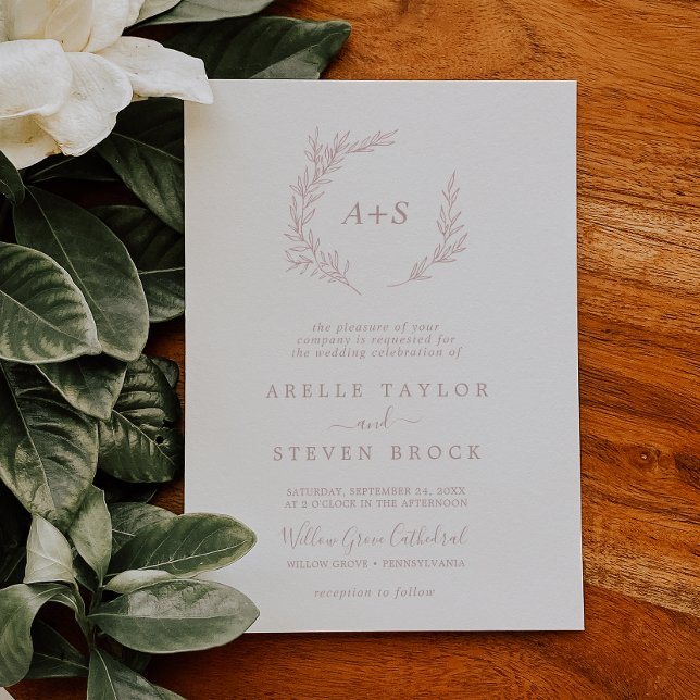 Minimal Leaf | Blush Pink Formal Monogram Wedding Invitation (Creator Uploaded)