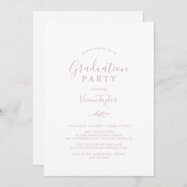 Minimal Leaf | Blush Pink Graduation Party Invitation (Front/Back)