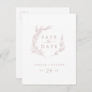Minimal Leaf   Blush Pink Save the Date Invitation Postcard