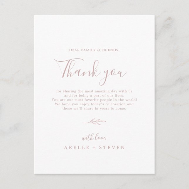 Minimal Leaf | Blush Pink Thank You Reception Card (Front)