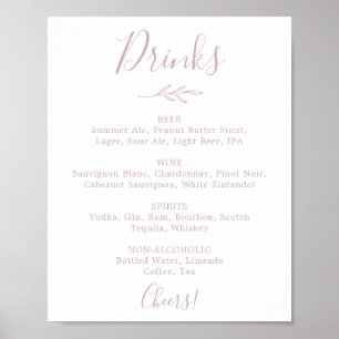 Minimal Leaf   Blush Pink Wedding Drinks Menu Sign