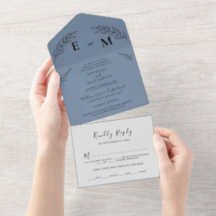 Minimal Leaf   Boho Dusty Blue Wedding  All In One Invitation