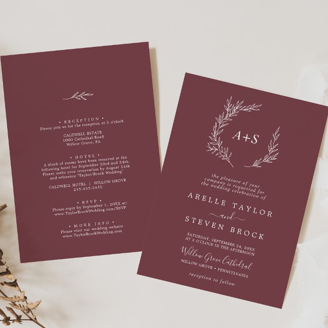 Minimal Leaf | Burgundy All In One Wedding Invitation (Creator Uploaded)