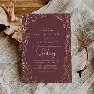 Minimal Leaf Burgundy and Gold Foil Wedding