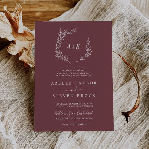 Minimal Leaf   Burgundy Formal Monogram Wedding Invitation