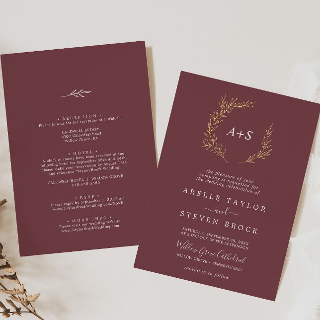 Minimal Leaf Burgundy Gold Foil All In One Wedding (Creator Uploaded)