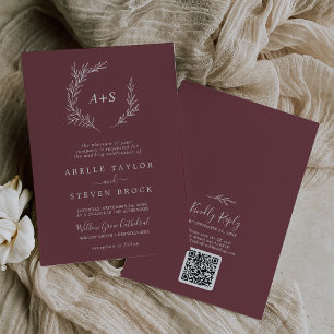 Minimal Leaf Burgundy Monogram QR Code Wedding Invitation