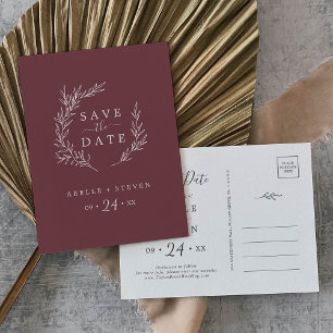 Minimal Leaf   Burgundy Save the Date Invitation Postcard