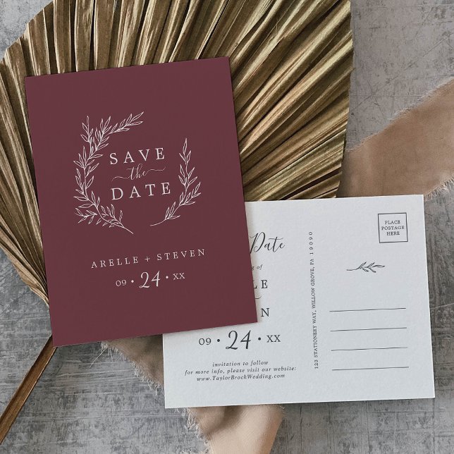 Minimal Leaf | Burgundy Save the Date Invitation Postcard (Creator Uploaded)
