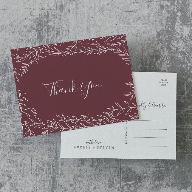 Minimal Leaf | Burgundy Thank You Postcard (Creator Uploaded)