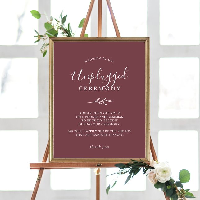 Minimal Leaf | Burgundy Unplugged Ceremony Sign (Creator Uploaded)
