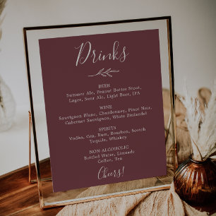 Minimal Leaf Burgundy Wedding Drinks Menu Poster
