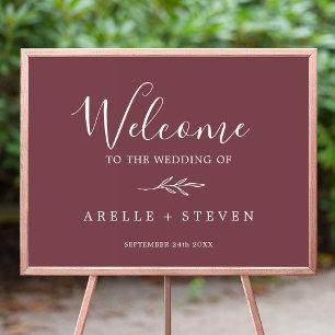 Minimal Leaf Burgundy Wedding Welcome Poster