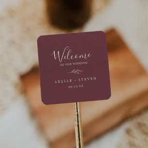 Minimal Leaf   Burgundy Wedding Welcome Square Sticker