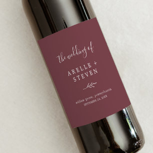 Minimal Leaf Burgundy Wedding Wine Label