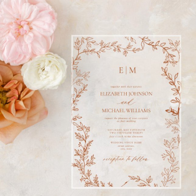 Minimal Leaf Burnt Orange Elegant Monogram Wedding Acrylic Invitations (Creator Uploaded)