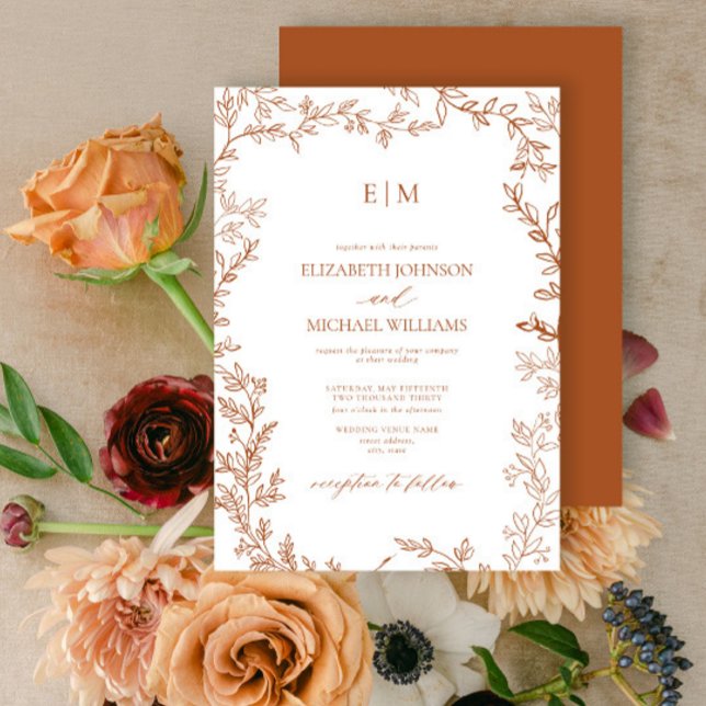 Minimal Leaf Burnt Orange Elegant Monogram Wedding Invitation (Creator Uploaded)