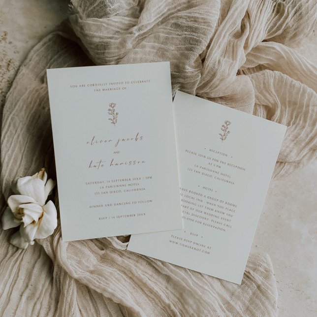 Minimal Leaf Cream Beige Front & Back Wedding  Invitation (Creator Uploaded)