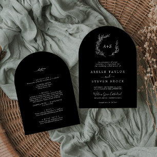 Minimal Leaf Dark Black Arch All In One Wedding Invitation