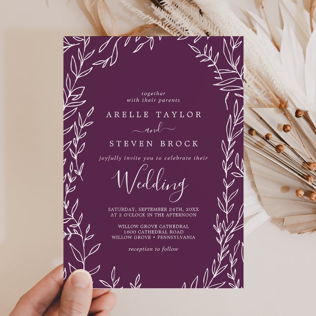 Minimal Leaf | Dark Eggplant Wedding Invitation (Creator Uploaded)