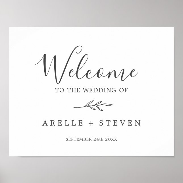 Minimal Leaf | Dark Gray Wedding Welcome Poster (Front)