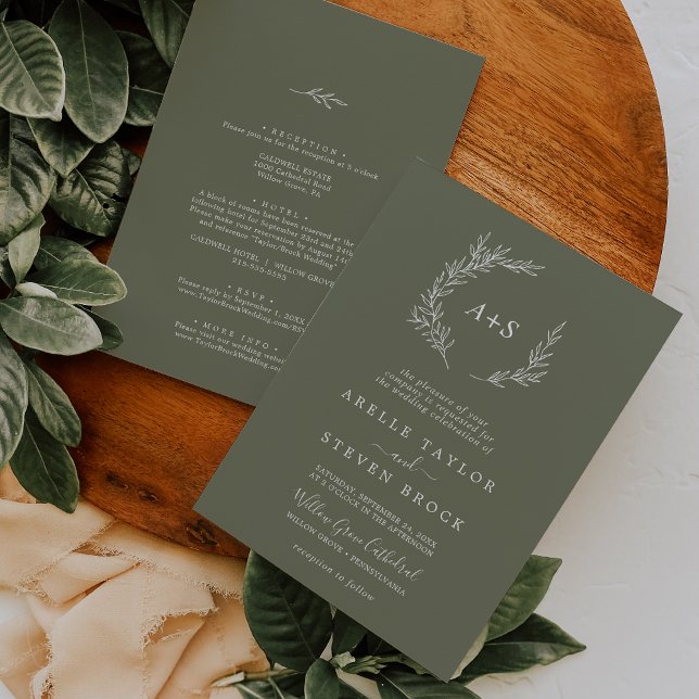 Minimal Leaf | Dark Green All In One Wedding Invitation (Creator Uploaded)