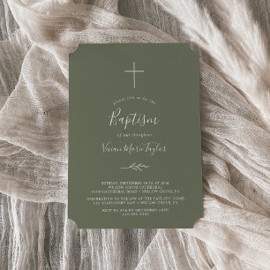 Minimal Leaf Dark Green Baptism Invitation
